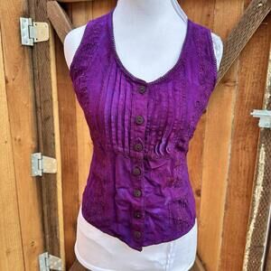 Vintage Hand Dyed  Marbled Lace Up Embroidered Vest Purple Boho Witchy Sz S-M